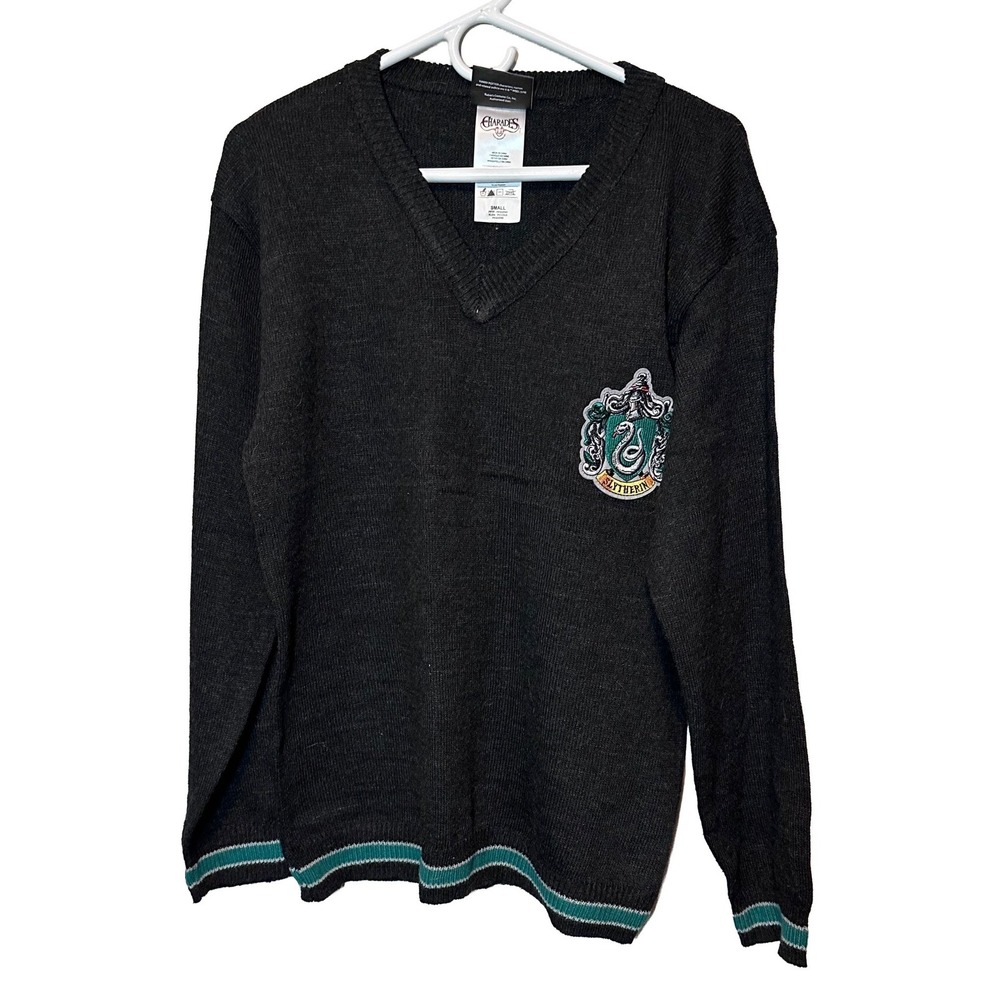 Charades Harry Potter Slytherin V-Neck Sweater‎ Grey Green Stripe Small